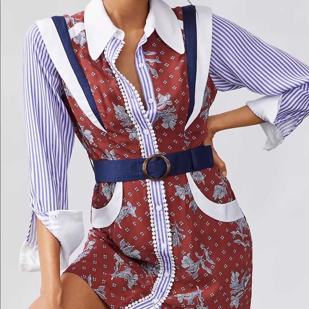 Anthropologie Striped-Sleeve Floral Shirt Dress in Rust, Navy & White